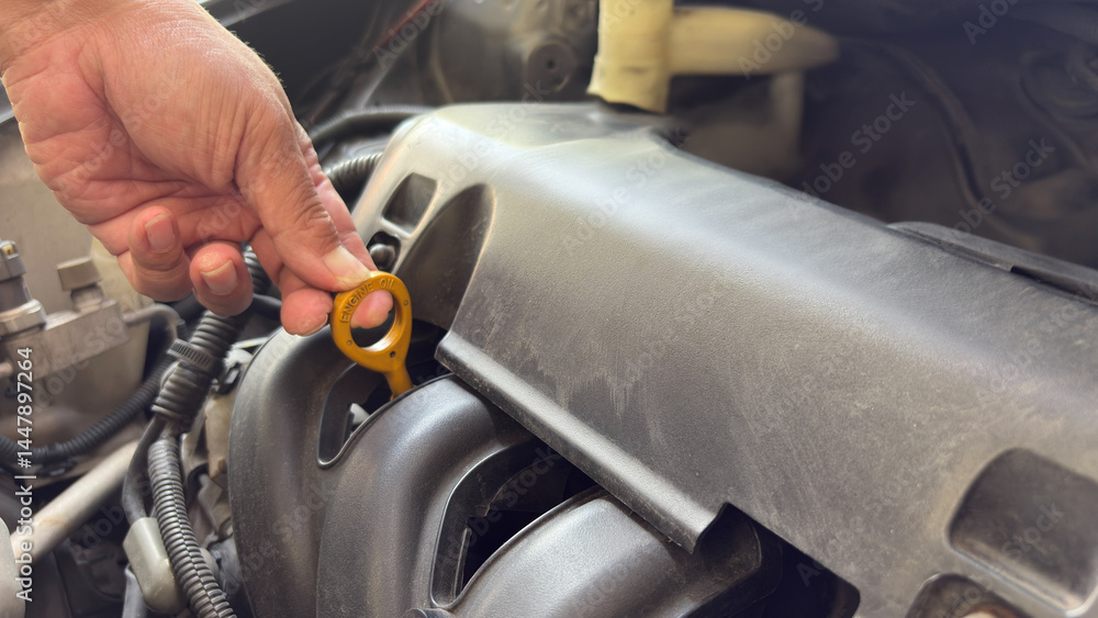 Obraz premium Mechanic checks the oil on a car being repaired. Hand of technician checking the oil level on dipstick in a car engine