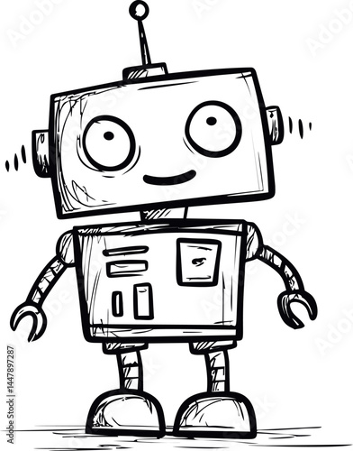 Cartoon sketch of a smiling robot with antennas and gears, simple black lines. Vector illustration
