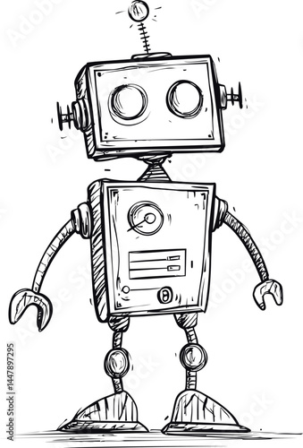 Retro styled cartoon robot character sketch in black and white illustration. Vector illustration