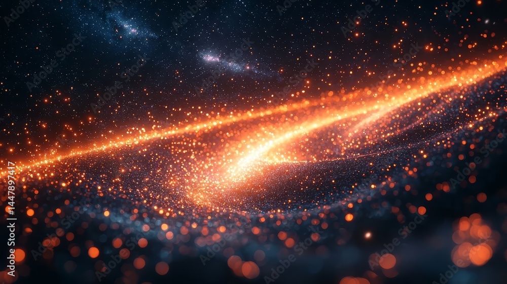 Fototapeta premium Stunning cosmic scene featuring a vibrant orange galaxy swirling amidst a starry backdrop, evoking wonder and exploration in a captivating visual display.