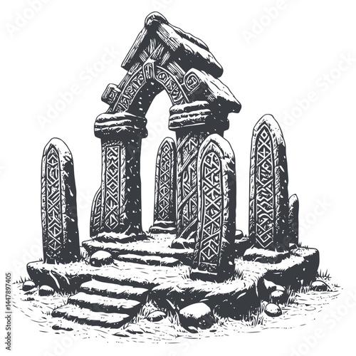 Serene Norse shrine covered in snow, surrounded by runestones that reflect the spiritual essence of Nordic culture.