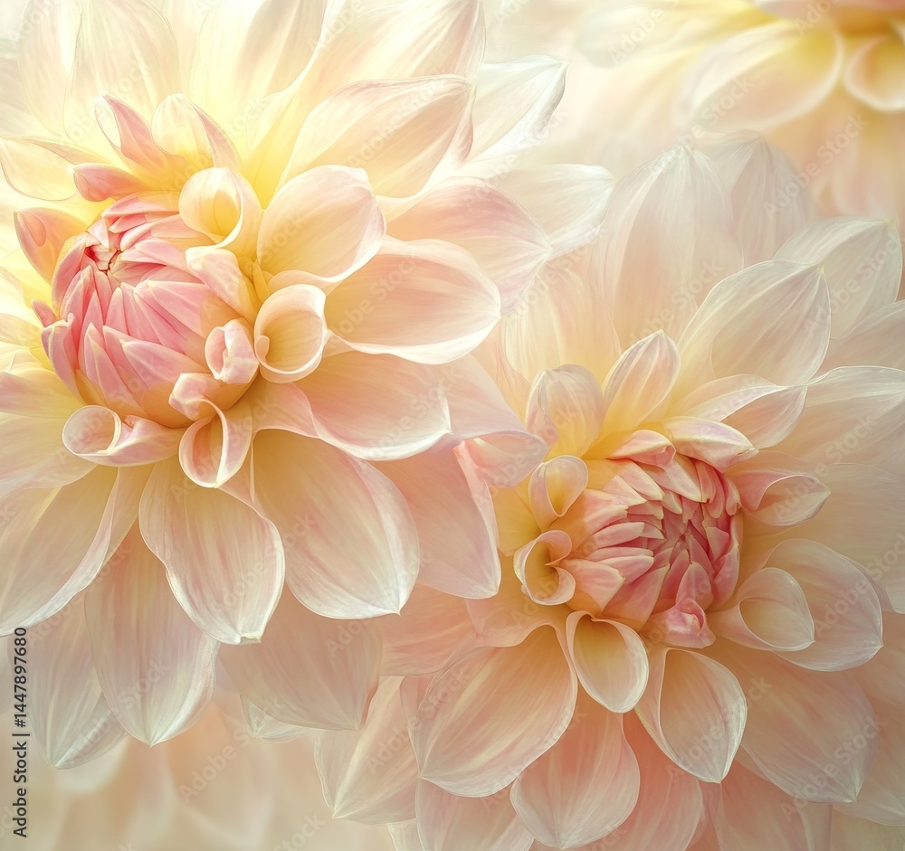 Obraz premium Majestic pale pink & yellow dahlias in full bloom, backlit by soft sunlight in an English garden, showcasing intricate petal textures for floral design inspiration