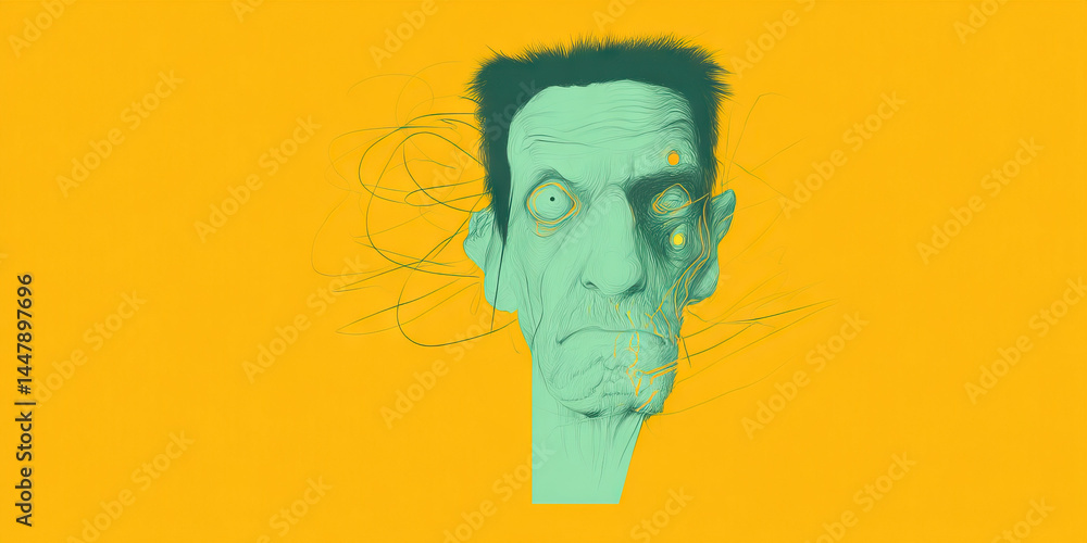 Stylized Illustration of a Man's Head in Teal and Yellow