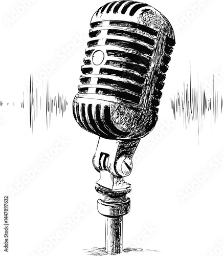 Retro microphone sketch with sound waves and vintage style artwork. Vector illustration