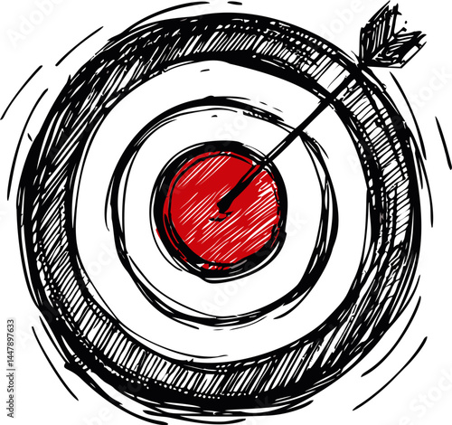 Sketch of a red target with arrow in center, hand-drawn artistic concept. Vector illustration