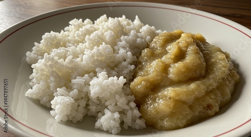 A plate of white rice and a portion of a yellow mushy food item served on a white plate with red trim