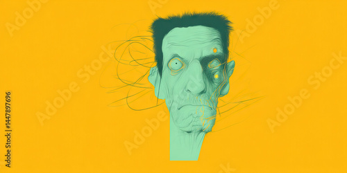 Stylized Illustration of a Man's Head in Teal and Yellow