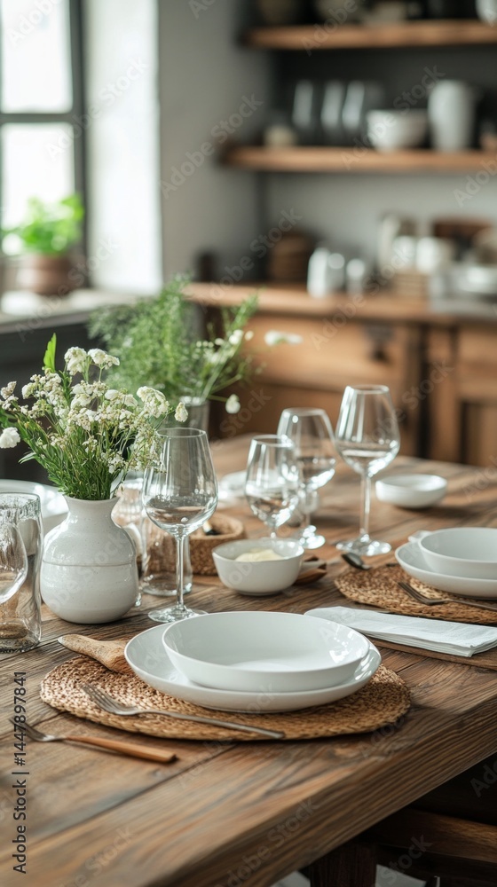 Table with dishes, glasses and flowers in cozy kitchen, holiday readiness. Suitable for cooking blogs, advertising dishes, articles about home comfort. Table with dishes, glasses and flowers in cozy kitchen, holiday readiness. Suitable for cooking blogs, advertising dishes, articles about home comfort.