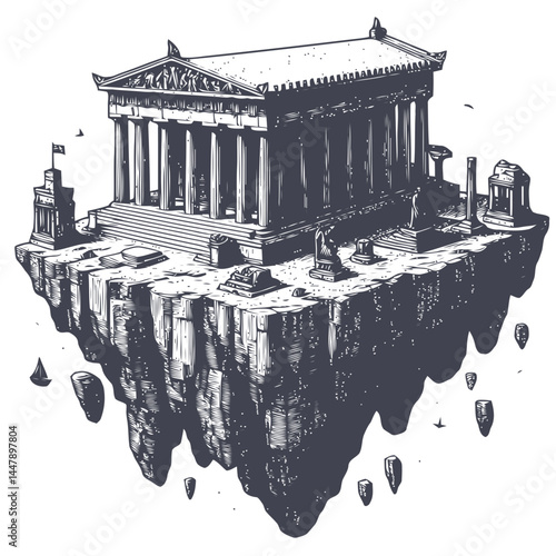 Floating miniature Parthenon surrounded by radiant skies, mystical clouds, and blending elements of ancient Greek style and fantasy.