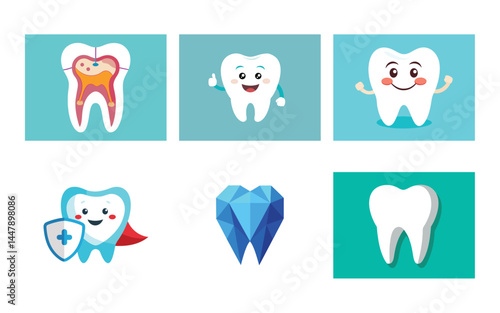 A vector illustration set features dental tooth icons and symbols for dentist, care, health, and hygiene design