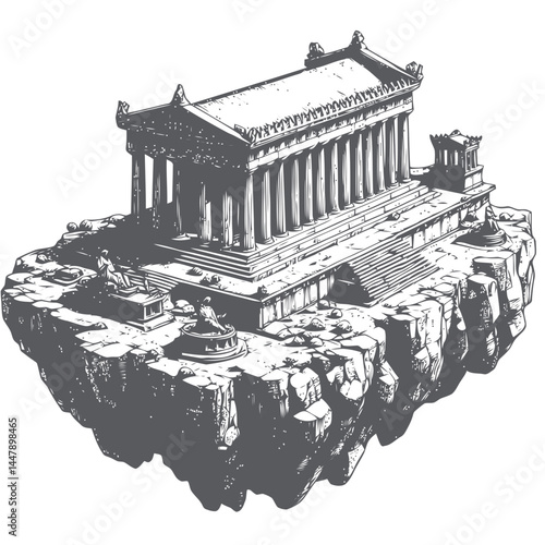 Greek Parthenon standing tall on a mystical floating island with intricate details and ethereal surroundings.
