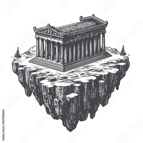 Unique visual of a Greek Parthenon resting on a floating island amid vibrant colors, ethereal lighting, and serene landscapes.