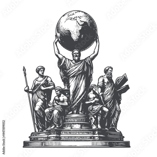 Sculptural design of statues holding a globe, a timeless expression of global unity and connection.