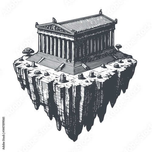 Greek Parthenon captured in a surreal floating island scene with vibrant skies and intricate artistic details.