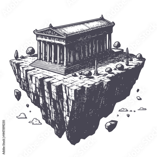 Floating island with a miniature Greek Parthenon, vibrant skies, and enchanting fantasy-inspired design.