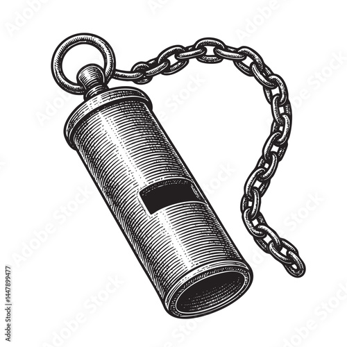 brass whistle with chain woodcut engraving vector illustration