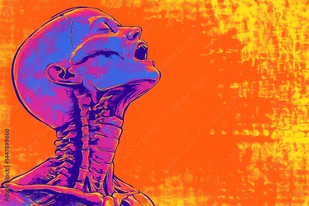 Searching for relief. Feeling bad. Metaphorical neck pain awareness of a ailment and suffering. Medical disorder. Physical discomfort. Pain of disorder - neck pain: abstract image of well-b.