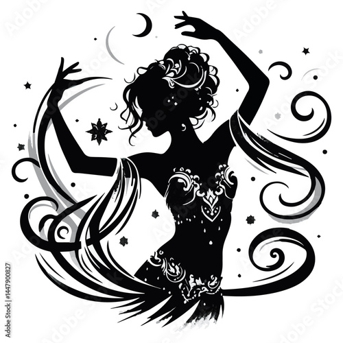 A black and white silhouette of a girl dancing an oriental dance in a luxurious traditional dress on a white isolated background. Vector graphics. EPS.