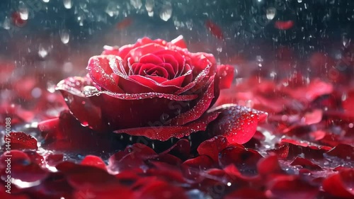 Vibrant red rose bloom amidst falling rainwater and petals