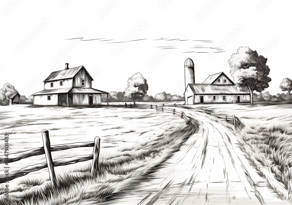 Fototapeta premium Hand-drawn black and white illustration of a rural farm scene with barns, a silo, dirt road, and countryside landscape.
