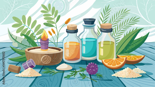 Essential oils and salt blend in a peaceful layout.
White wood background enhances the natural tones.
A gentle reminder of serenity and holistic care.
Great for packaging, web design, or posters.

