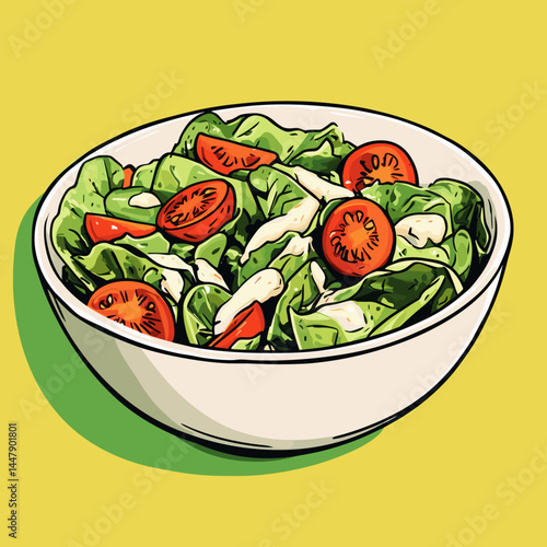 Vibrant salad in a bowl, featuring greens and tomatoes.