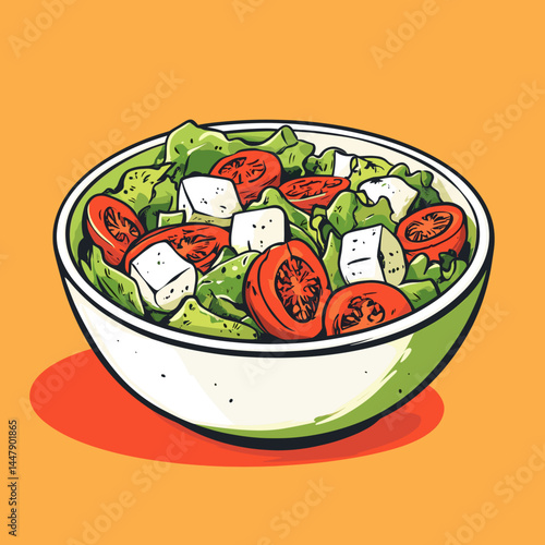 Vibrant salad in a bowl, featuring greens and tomatoes.