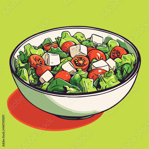 Vibrant salad in a bowl, featuring greens and tomatoes.