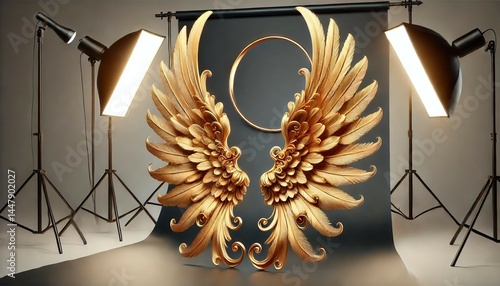 Artistic Gold Angel Wings on Studio Backdrop