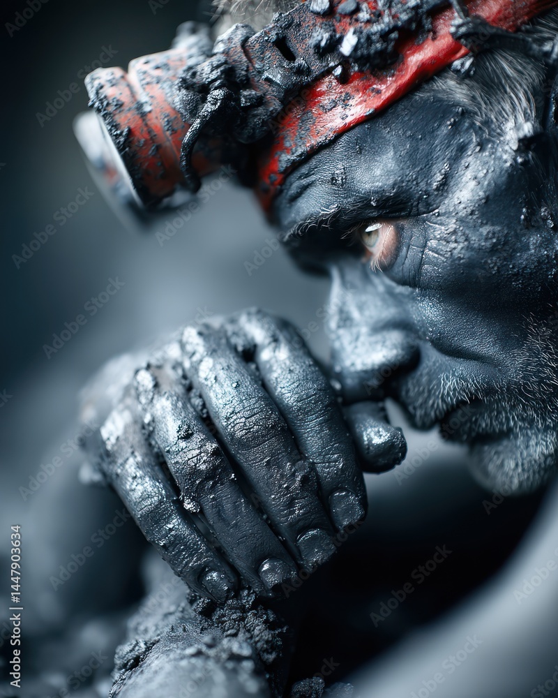Obraz premium Emotional miner reflection underground cave hyperrealistic portrait dark environment closeup view