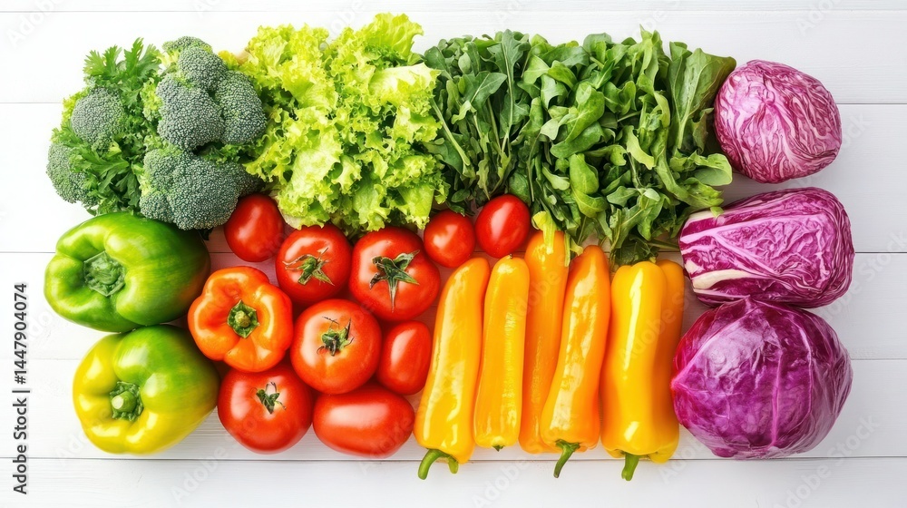 Fresh colorful mixed vegetables including broccoli lettuce tomatoes yellow and green peppers purple cabbages on white wooden background healthy food Fresh colorful mixed vegetables including broccoli lettuce tomatoes yellow and green peppers purple cabbages on white wooden background healthy food