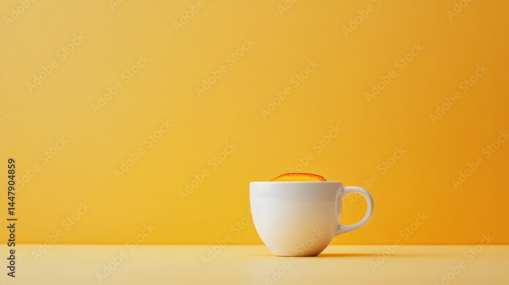 Minimalist white ceramic coffee mug with handle placed on a flat surface against a vibrant yellow background creating a simple modern aesthetic and clean design Minimalist white ceramic coffee mug with handle placed on a flat surface against a vibrant yellow background creating a simple modern aesthetic and clean design