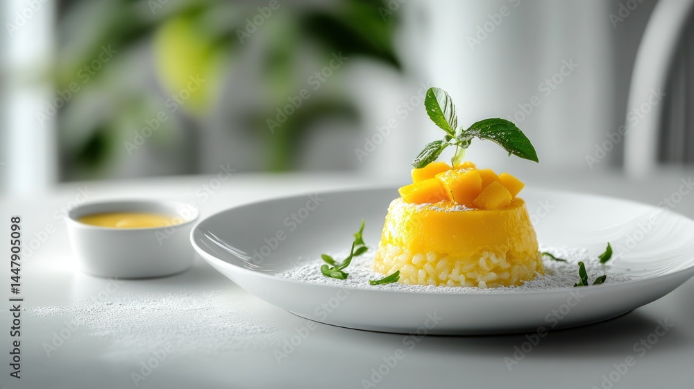 Elegant plated mango dessert with a fresh mint garnish served on a stylish white dish with a side of sauce, modern presentation, minimalistic restaurant setting Elegant plated mango dessert with a fresh mint garnish served on a stylish white dish with a side of sauce, modern presentation, minimalistic restaurant setting