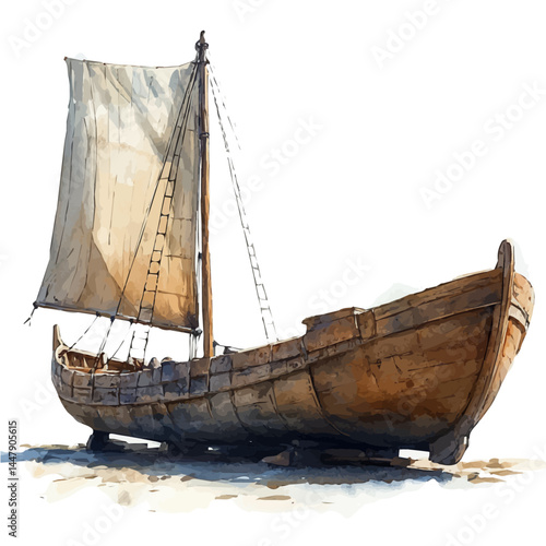 watercolor of Greek Trireme Miniature Model, vector, isolated on a white background.
