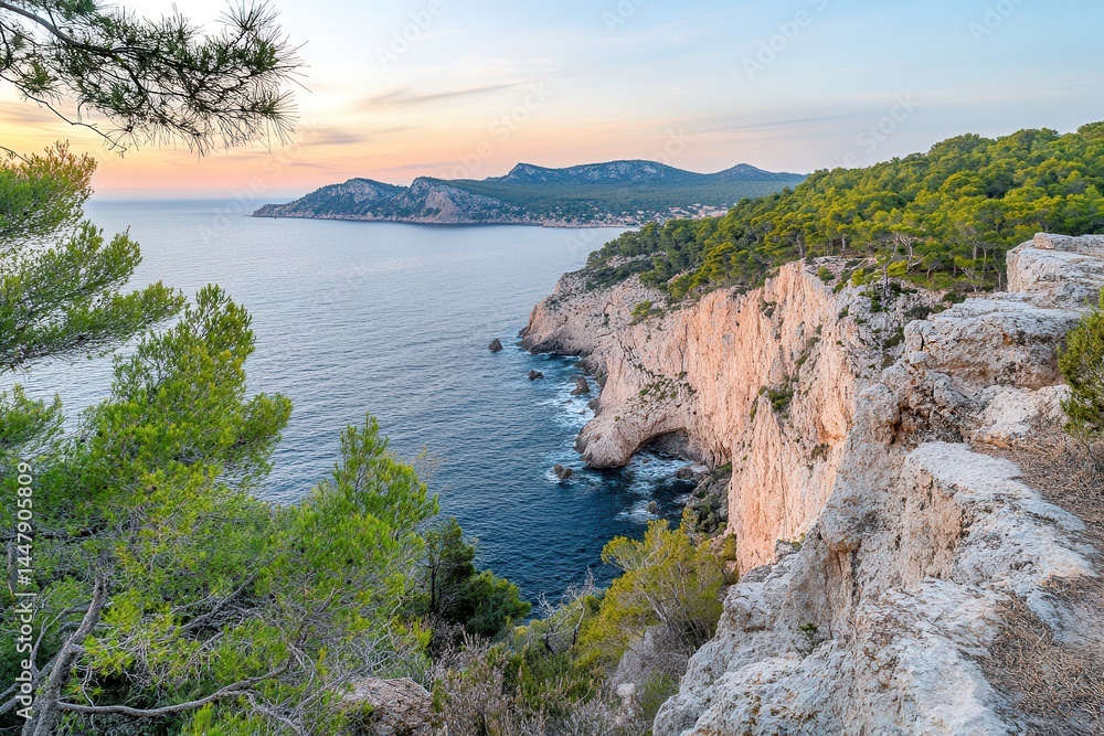 Fototapeta premium Scenic coastal view at sunset with cliffs, greenery, and distant mountains near the sea