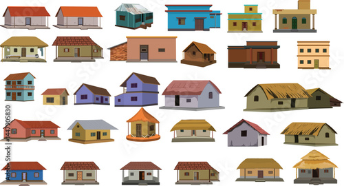 Diverse Collection of Traditional Indian Village Huts and Rural Houses – Cultural Architecture Set Featuring Clay, Thatch, Brick, and Tin Roof Designs for Educational and Heritage Projects
