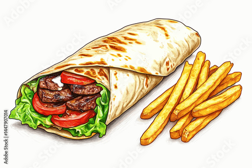Delicious wrap with steak and fresh veggies, served with fries.