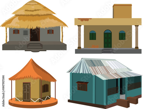 Collection of Rural Village Huts and Traditional Houses – Thatched Roofs, Mud Walls, Tin Sheds, and Colonial Facades for Architecture, Culture, and Real Estate Illustrations