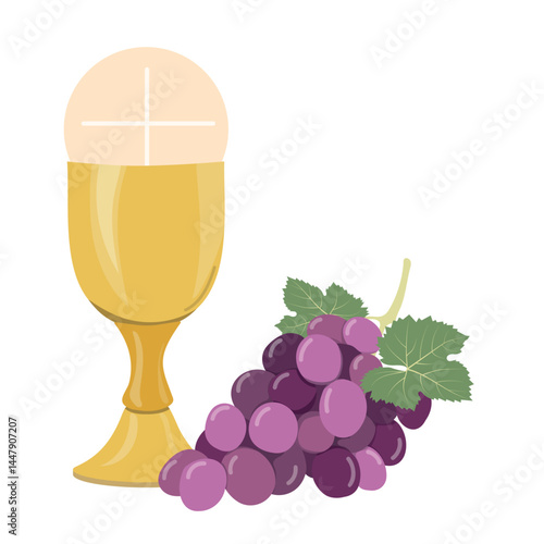 Holly chalice religious with grapes. First holy communion illustration for Good Friday, Holy Week, Easter, cover, poster.