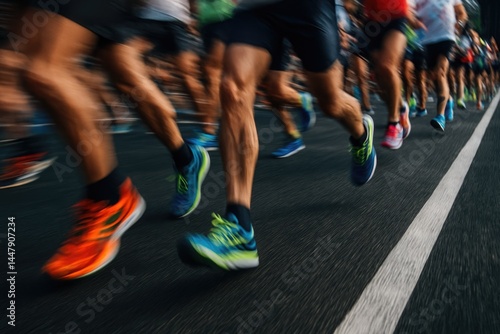 Close-up motion blur of runners legs during city marathon race on asphalt road, colorful sneakers in dynamic action