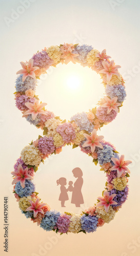 Floral number eight mothers day greeting card design with mother and daughter silhouette art mobile wallpaper