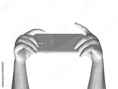 A man is holding a cell phone in his hand. The image is in black and white and has a very simple and minimalistic feel to it. The focus is on the man's hands holding the phone