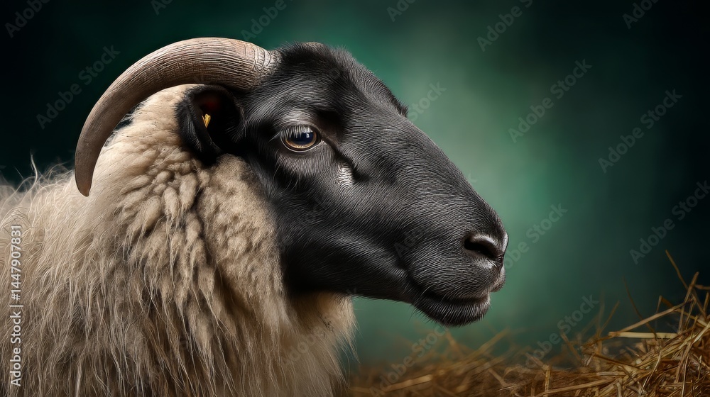Fototapeta premium This Black-Faced Suffolk Sheep Embodies the Charm and Utility of Domesticated Farm Animals