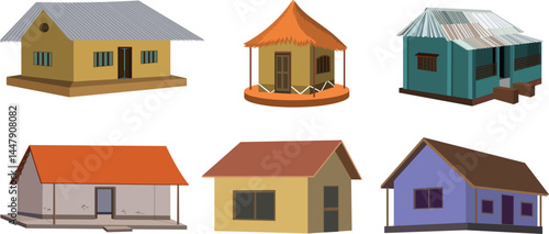 Vector Set of Rural and Tribal Huts – Traditional Village Houses with Thatch, Metal, and Tile Roofs for Architecture, Construction, Real Estate, and Cultural Heritage Design Project