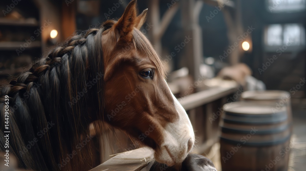 Fototapeta premium Incredible Shire Horse with a Beautifully Braided Mane Showcasing the Charm of Domestic Animals