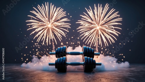 A set of heavy dumbbells surrounded by vibrant fireworks and smoke, set against a dark background, symbolizing strength and celebration