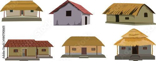 Indian Rural Village Hut Vector Collection – Traditional Mud, Clay, Thatch Roof Houses for Architecture, Culture, and Educational Design Projects