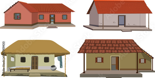 Traditional Indian Village House Vector Set – Rural Clay, Thatch and Tile Roof Homes for Cultural, Educational, Farming and Architecture Design Use