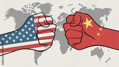 USA vs China Fist Fight Vector Silhouette, International Conflict, Global Power Struggle, Political Dispute, World Map Background