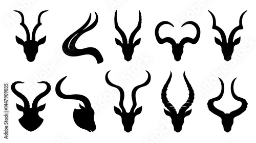 Set of different animal horn silhouettes on tranparent background